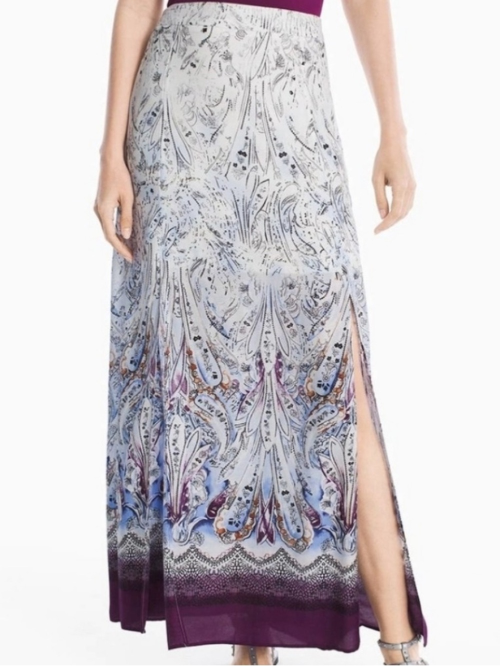 White House Black Market White, Blue and Purple Paisley Maxi Skirt